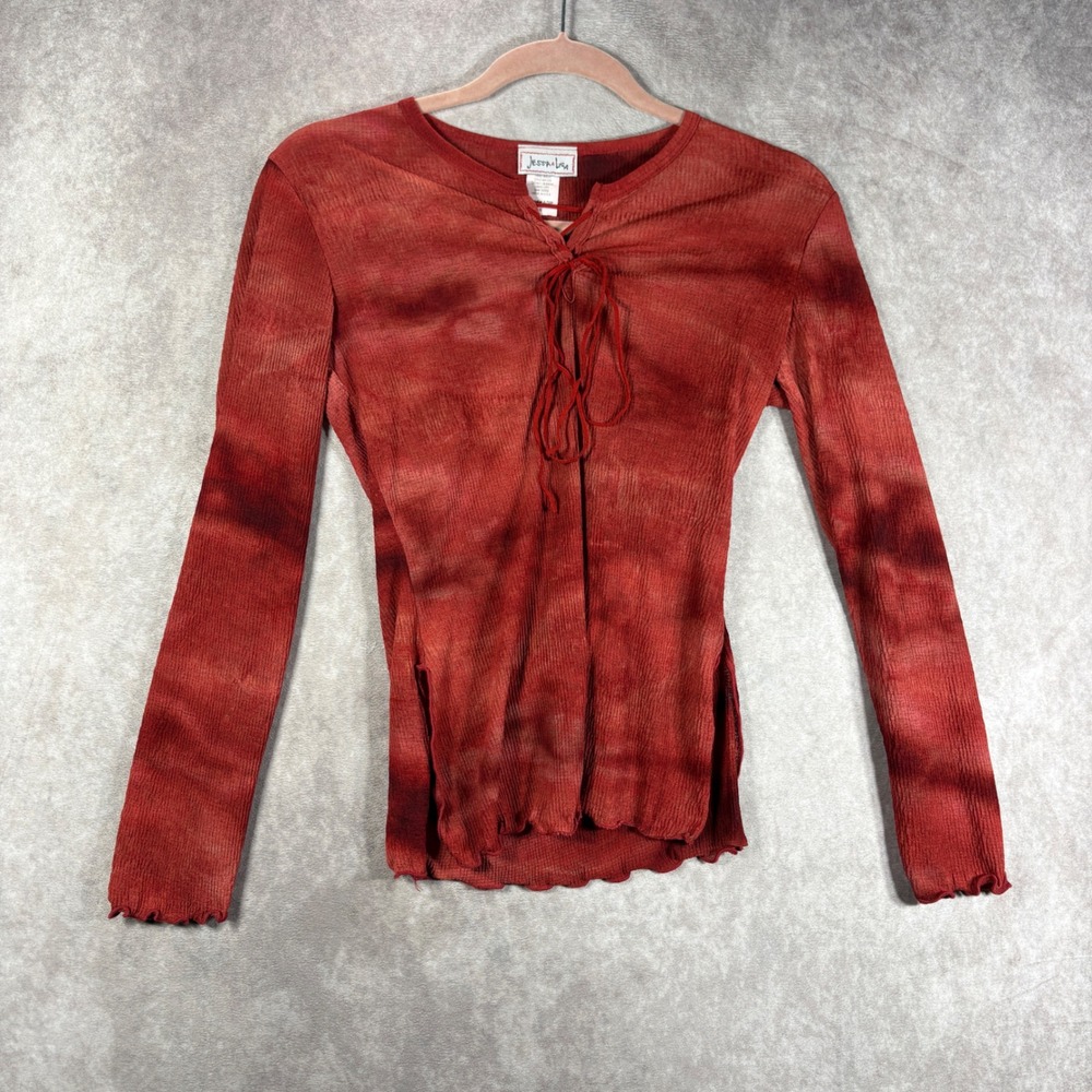 Jessa & Lisa Top Women S Red Tie Dye Lace Up Lettuce Trim Y2K Fairycore Retro